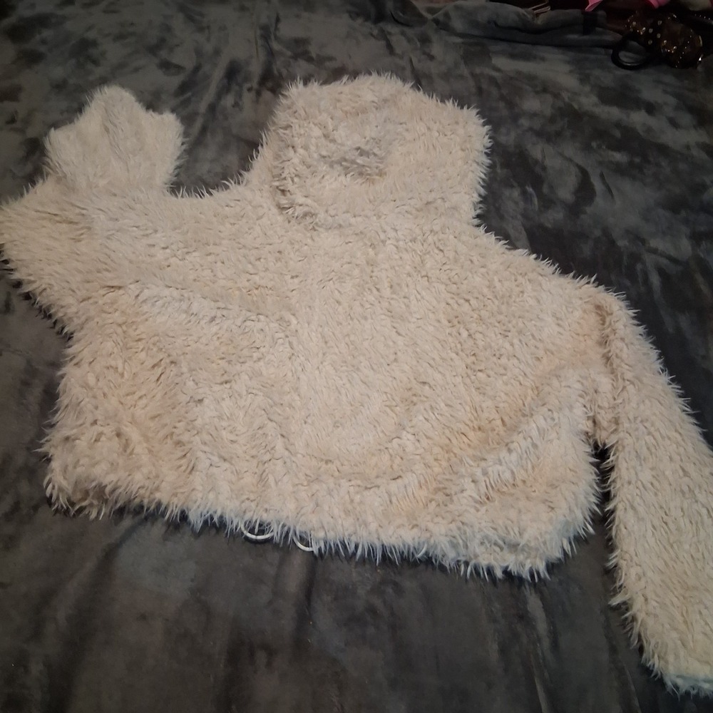 Free People Hoodie Jacket Ivory L FPOne Fur Coat White Crop Oversize Boho NWT - Picture 2 of 9